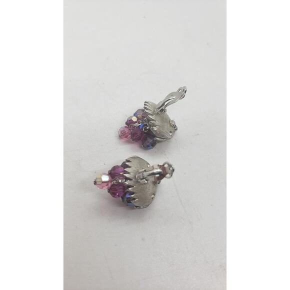 Vintage Earrings Purple Waterfall Clip On Schrager Aurora Borealis Bead Dangle - Picture 5 of 13